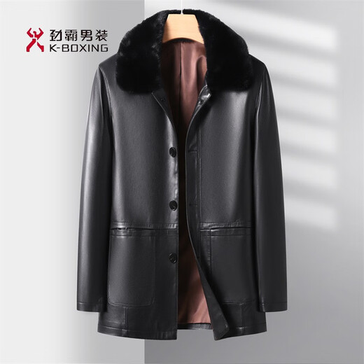 KBXNG Jinba inner liner removable, middle-aged and elderly men's leather, down and velvet leather jacket with thickened and warm lapels, middle-aged and older men, brown 7789y 14XL (190)