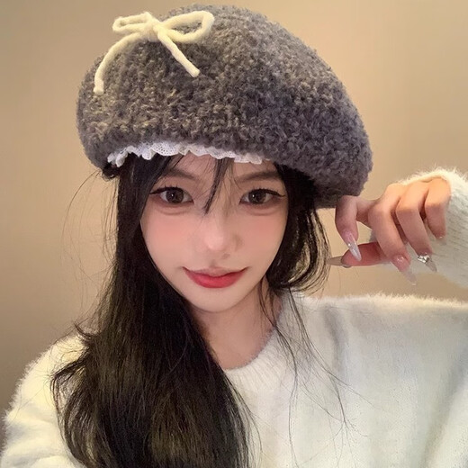 Lamb Wool Bow Lace Gray Beret Women's 2024 Autumn and Winter Warm and Showy Little Painter Hat Versatile Hat Gray M (56-58cm
