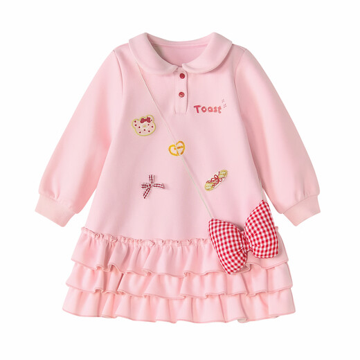 DEESHA Official Children's Clothing Girls Skirt Spring and Autumn New Style Girls Baby Toddlers Sweet Baby Doll Collar Long Sleeve Dress Soft Pink 110