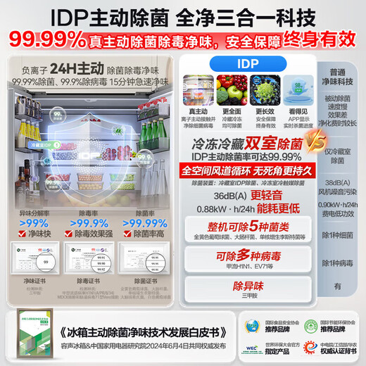 Rongsheng 503pro IDP clean flavor cross-fold four-door ultra-thin embedded refrigerator household first-class energy efficiency air-cooled frost-free BCD-503WD15FPQLA white + blue light freshness + IDP active sterilization