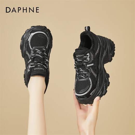 DAPHNE Daphne velvet dad shoes winter new fashion versatile casual shoes women's height increasing sneakers cotton shoes black velvet heel height 6.5cm 35 (225mm) standard size