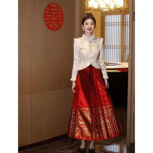 Hengyuanxiang plus size female fat mm new Chinese style Chinese style quilted thickened dress furry button top horse face skirt suit 200Jin Jin equals 0.5kg top + Phoenix print horseface skirt L recommended 100-120Jin Jin equals 0.5kg