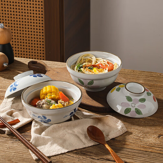 Tuojin Japanese large instant noodle bowl with lid ramen bowl ceramic bowl soup noodle bowl household ceramic large 6-inch soup bowl with lid 6-inch soup bowl with lid - Uncaria