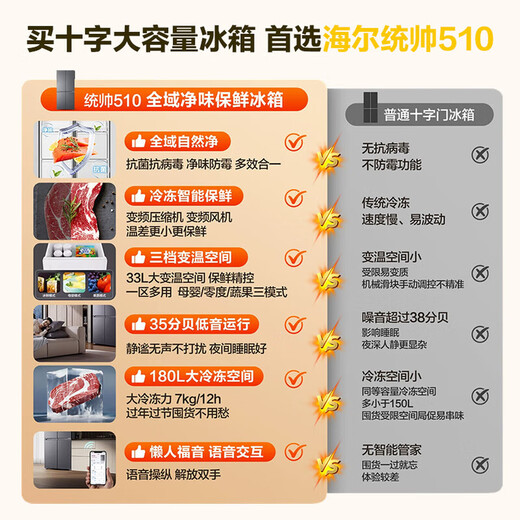 Haier Smart Home Lazy 510 Refrigerator Global Dual Purification System 594mm Ultra-thin Embedded Level 1 Energy Efficiency Large Capacity Frost-free Cross-Floating Four-Door Commander Yueji 502 Liter 594mm Professional Ultra-thin丨Refrigerating and Freezing Dual Purification System丨Dual Cycle Yueji Lazy Series丨502 Liter Large Capacity