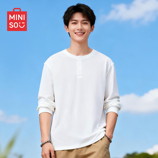 MINISO American Heavyweight Henley Collar T-shirt for Men Spring and Autumn 2026 New Henley Collar High-Quality White Bottoming Shirt Long Sleeve 7A Antibacterial White (Solid Color) L/175 (Weight 120-140Jin Jin is equal to 0.5 kg)