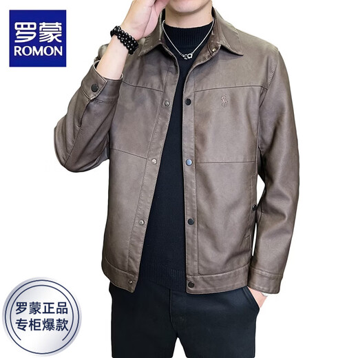 ROMON leather jacket for men in winter plus velvet to keep warm and cold-proof, light business casual outdoor functional wind workwear leather jacket for men, brown XL recommended 130-145Jin Jin equals 0.5 kg