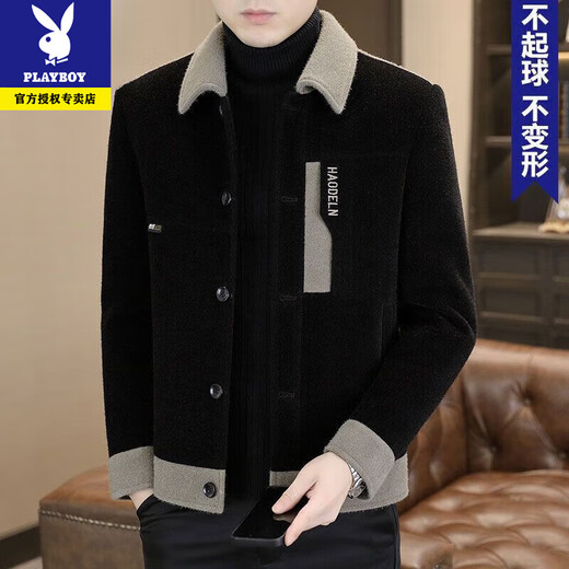 Playboy's new woolen coat men's autumn and winter high-end men's clothing splicing versatile internet celebrity fashionable casual woolen coat 2888 black (velvet thickening) high quality XL (recommended 130-145Jin Jin equals 0.5kg)