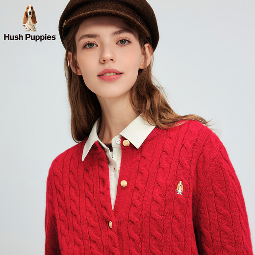 Hush Puppies Delicate and Warm Women's 2025 Autumn and Winter New Versatile Basic Wool Cable Cardigan Sweater Retro Red M