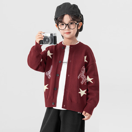 Duojia new clothes for the Year of the Horse, boys' sweaters, spring and autumn cartoon embroidery style jackets, children's inner warm sweaters, true red 110
