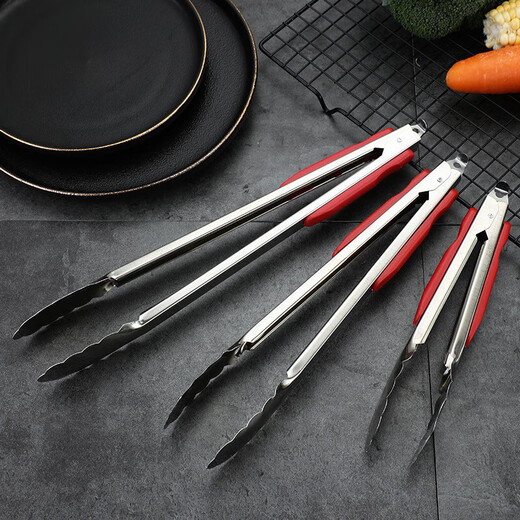Youguan stainless steel food tongs kitchen barbecue grill vegetables fried steak household anti-scalding noodles bread food thickened 9 inches upgraded steel nails anti-scalding red handle 21.7CM/one