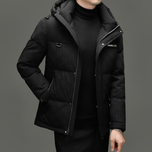 鸭鸭90鸭绒羽绒服男士冬装2025新款时尚连帽冬季加厚保暖商务休闲外套 黑色 XL 建议体重【135-150斤】