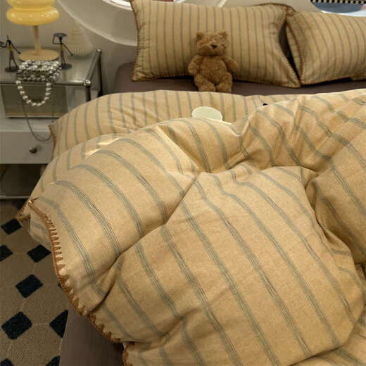 Yusenyi double-layer yarn elegant brown striped four-piece set 15m18m soft loose YAG double-layer yarn British gentleman bed sheet set bed sheet style 2.0m bed four-piece set/applicable 220x240cm