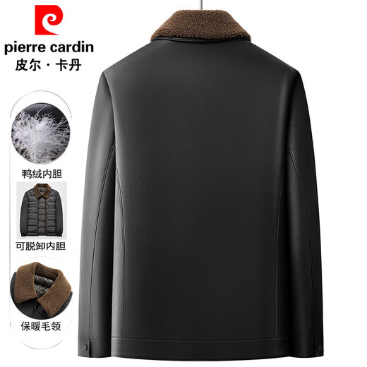 Pierre Cardin leather jacket men's velvet thickened fur collar leather jacket winter middle-aged and elderly removable liner down jacket