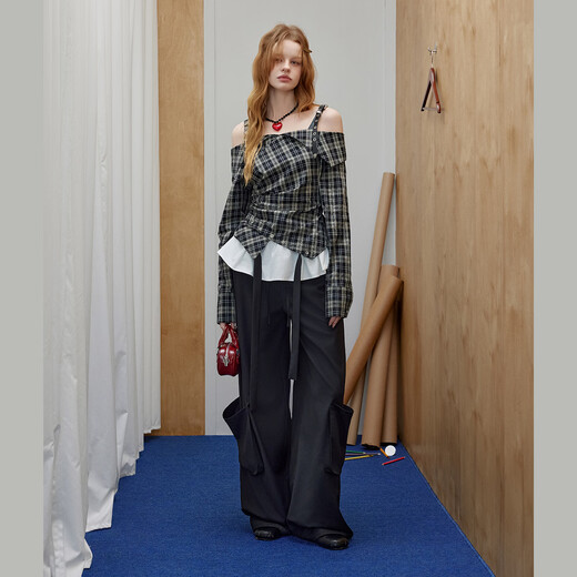 UNIFREE Spring 26 American College style irregular hem design fashionable age-reducing slim long-sleeved shirt Black L