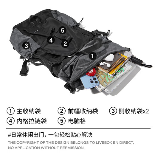 LIVEBOX EN DIRECT Functional Backpack Men's Multifunctional Travel Sports Outdoor Mountaineering Cycling Backpack Large Capacity Commuting Computer School Bag Black