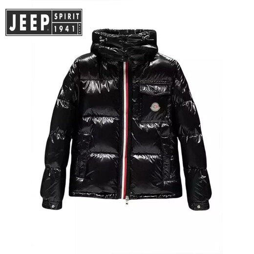 JEEP SPIRIT吉普黑色短款亮面彩虹条羽绒服男冬季感户外防寒加厚连帽羽绒外套 黑色 XL