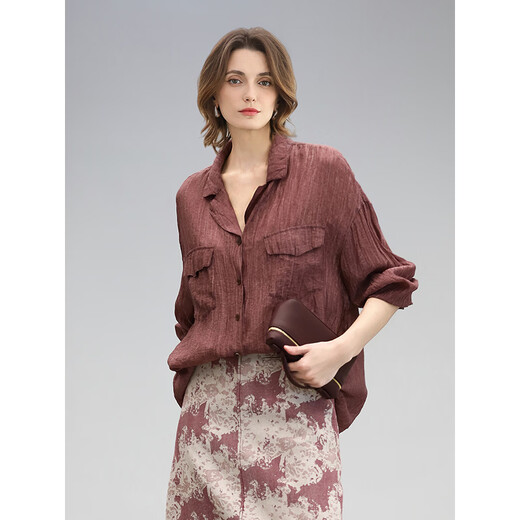 COCOBELLA重工炒色压褶气质酒红衬衫早秋通勤长袖衬衣SR7029 酒红色(古法苏木炒色) M
