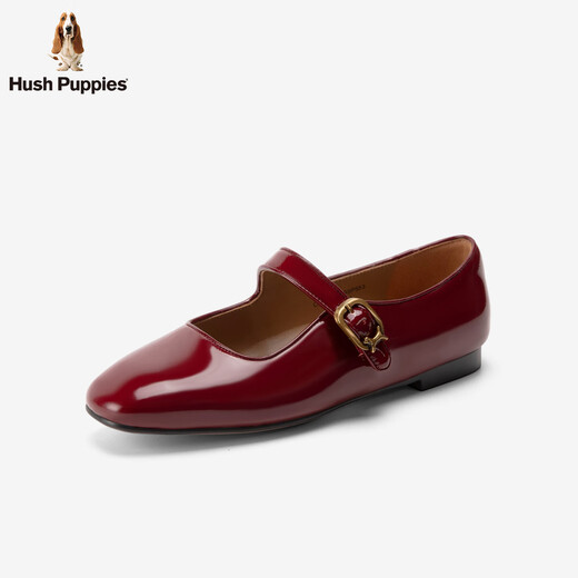 Hush Puppies Mary Jane women's shoes 2026 new fashion square toe low heel shallow mouth single shoes French light shiny cowhide shoes mellow wine red 35