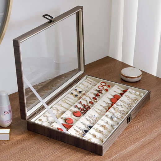 Yusenyi Retro Wood Grain Jewelry Storage Box Earrings and Earrings Jewelry Storage Organizing Box Ring Dustproof Lid Small Jewelry Box Black Leather Large Size Can Hold 100 Earrings and Earrings