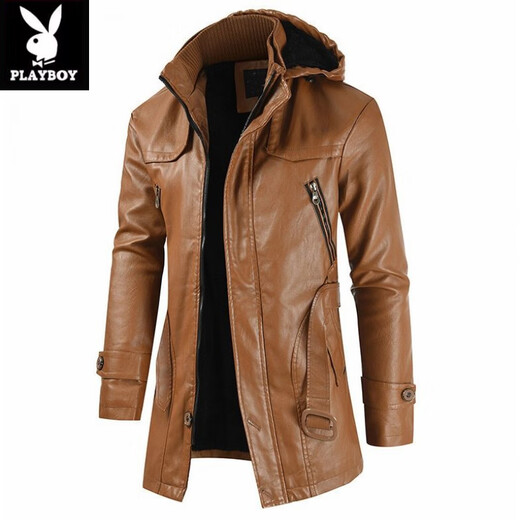 Playboy (PLAYBOY) high-end mid-length men's leather jacket Korean style new youth large size hooded PU leather windbreaker men's jacket brown XL