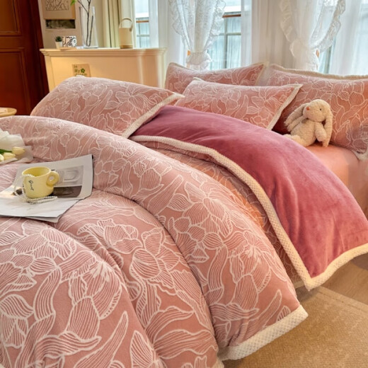 Aoyanlai high-end carved milk velvet four-piece set, edge-cut carved milk velvet four-piece set in winter thickened warm quilt, Huamanluo, wine red, 1.5m sheet four-piece set quilt cover 2.0x2.3 meters