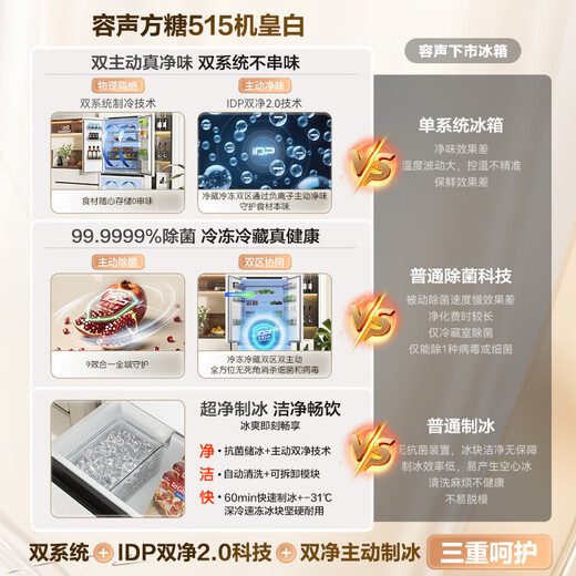 Rongsheng Cube Sugar 515 Double System French Multi-door Four-Door Ultra-Thin Zero Embedded Refrigerator Home Automatic Ice Making Level 1 Energy Efficiency World Cup BCD-515P60FZNAD White National Subsidy