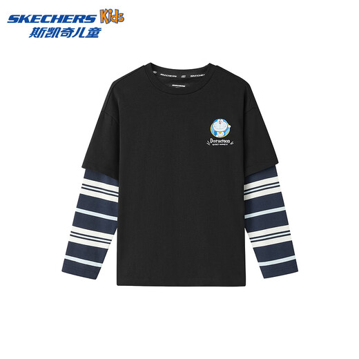 Skechers Doraemon limited design T-shirt children's spring new long-sleeved tops for boys and girls L126K044 carbon black /0018 130
