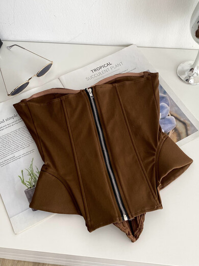 Pure Desire Versatile Belted Waist Fishbone Top Women's Summer European and American Fashion Irregular Slim Sleeveless Tube Top Brown S