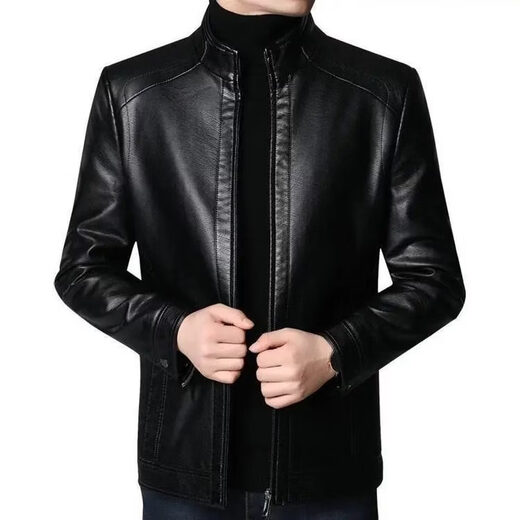 Dingyuan Xiaohuo Men's Winter Leather Jacket Casual Versatile Stand Collar Middle-aged Dad Motorcycle Jacket Jacket Plus Velvet Stand Collar Black - (Stand Collar Leather Jacket) Plus Velvet M 170_95-115Jin Jin is equal to 0.5 kg