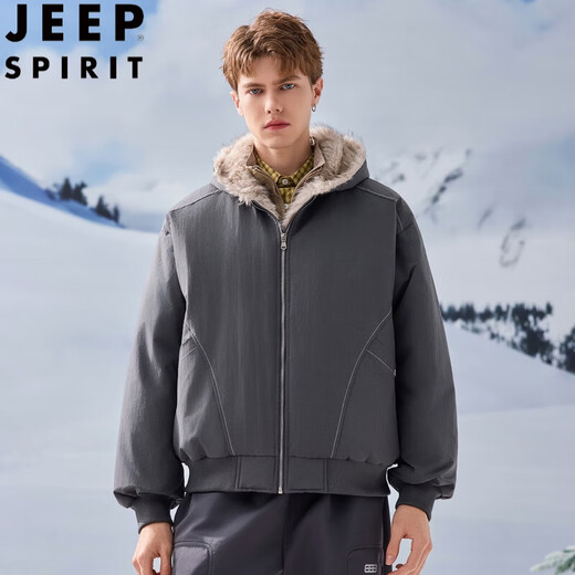 JEEP SPIRIT American retro velvet jacket men's winter new mountain sculpture loose hooded parka down jacket dark gray XL