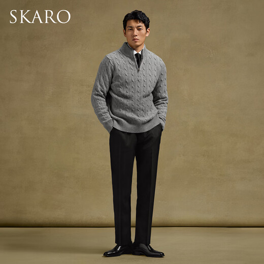 SKARO Australian pure wool old money style half turtleneck sweater for men autumn and winter retro long-sleeved sweater gray SKA932 L