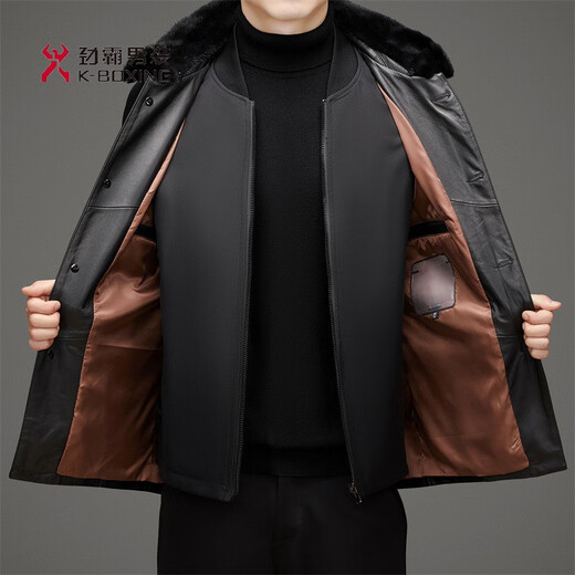 KBXNG Jinba inner liner removable, middle-aged and elderly men's leather, down and velvet leather jacket with thickened and warm lapels, middle-aged and older men, brown 7789y 14XL (190)