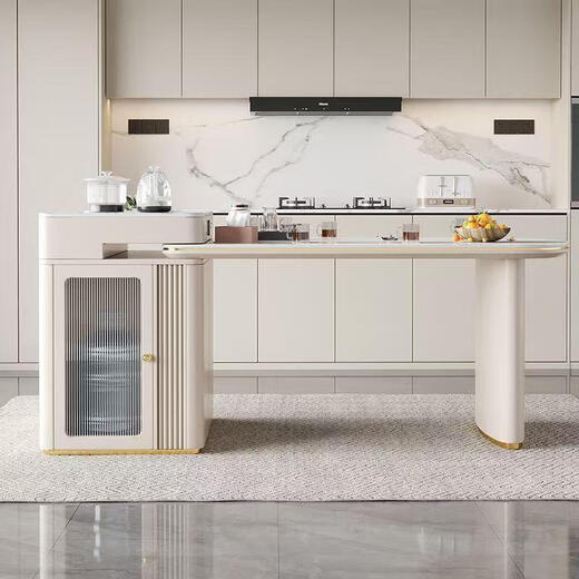 Island table retractable multi-functional canteen dining table cream style household small apartment coffee table dining table tea-making integrated island table + 4 plush chairs retractable 140-170CM track socket type