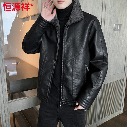 Hengyuanxiang autumn and winter leather jacket men's velvet thickened fur all-in-one warm jacket fat man loose plus size leather jacket trend black 6917 L