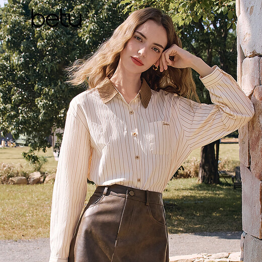 Betu women's 2026 spring new shirt contrasting color knitted collar textured striped high-end top for women 2601T23 apricot S