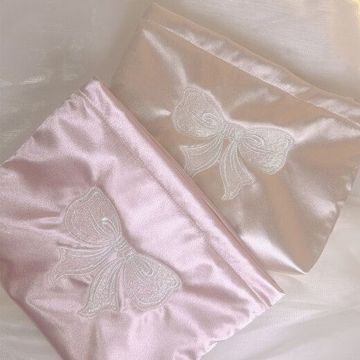 Shijanu ins small fresh embroidered bow cosmetic bag, portable and large-capacity liner bag storage bag embroidered bow glitter powder (medium size)