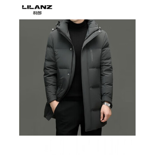 LILANZ Duck Down Mid-Length Down Jacket Men's Winter New High-end Business Casual Removable Hat Jacket Gray Green 14XL (190)