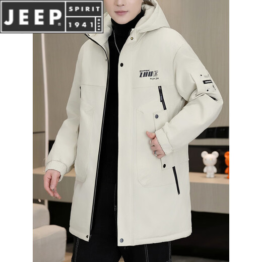 JEEP SPIRIT Winter Park Jacket Men's Jacket Plus Velvet Thickened Jacket Men's Winter Cotton Clothes Mid-Length Warm Windbreaker Jacket Green Plus Velvet Thickened XL 125-140Jin Jin is equal to 0.5 kg