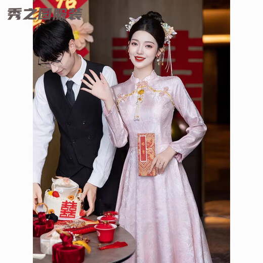 Fan Zhesha pink toast dress Chinese style improved cheongsam new wedding engagement dress long-sleeved spring and summer pink long sleeve long 3XL