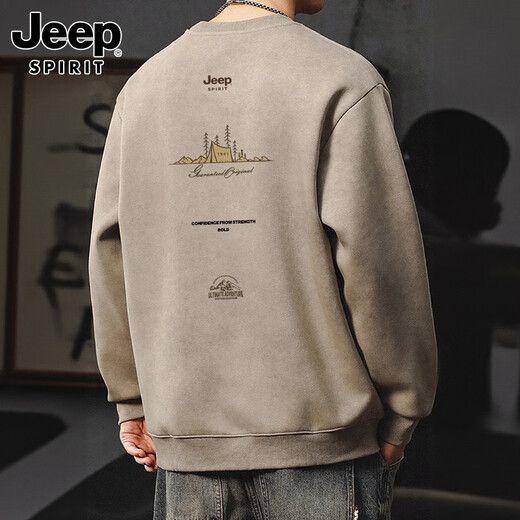 JEEP SPIRIT Jeep heavy sweatshirt men's autumn and winter American retro long-sleeved T-shirt round neck bottoming shirt men's Khaki XL