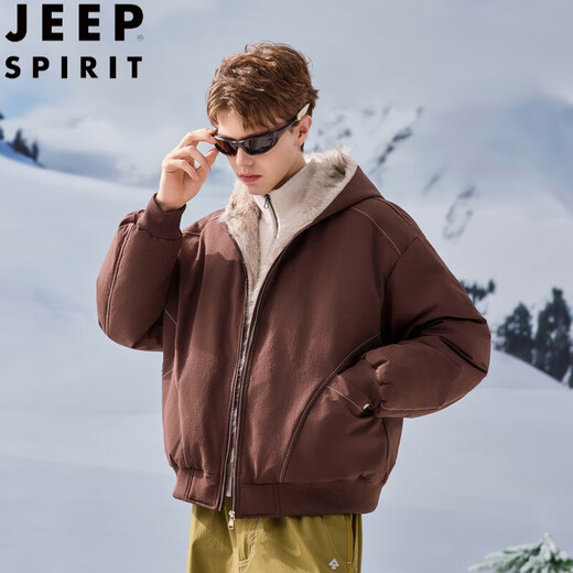 JEEP SPIRIT American retro velvet jacket men's winter new mountain sculpture loose hooded parka down jacket dark gray XL