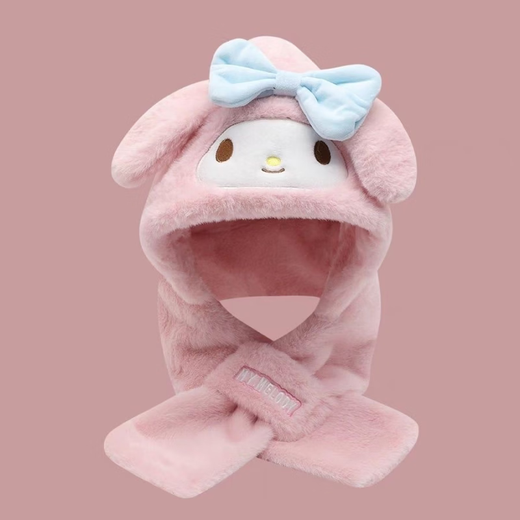 Disney Sanrio Kurome Children's Hat Girls Scarf Integrated Neck Protector Hat Autumn and Winter Warm and Cold Protection Girls Plush Hat 4-13 Years Old Cartoon Two-piece Set Kurome