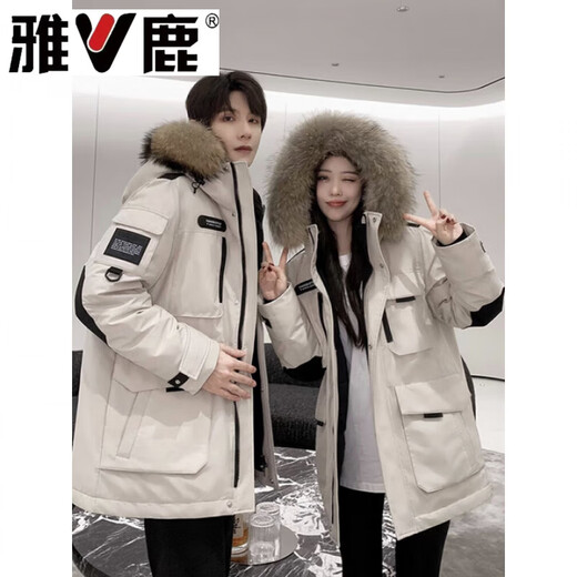 雅鹿男女中长款冬季新款大毛领户外加厚工装极寒派克服外套 燕麦色女 黑色女款 S 建议90-110斤