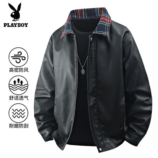花花公子（PLAYBOY）翻领皮衣夹克外套男士春秋青年潮牌港风休闲皮衣格子撞色痞帅上衣 黑色 XL