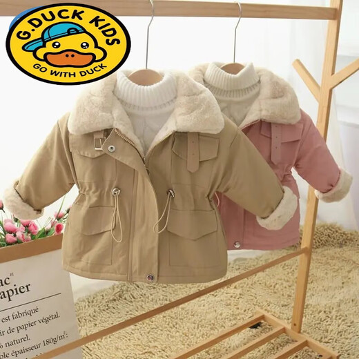 G.duck girls' cotton-padded coat, western style autumn and winter style girl's pie jacket, children's velvet thickened mid-length waist-cinching cotton-padded coat, khaki elastic waist style 80 cm, suitable for 75cm-85cm