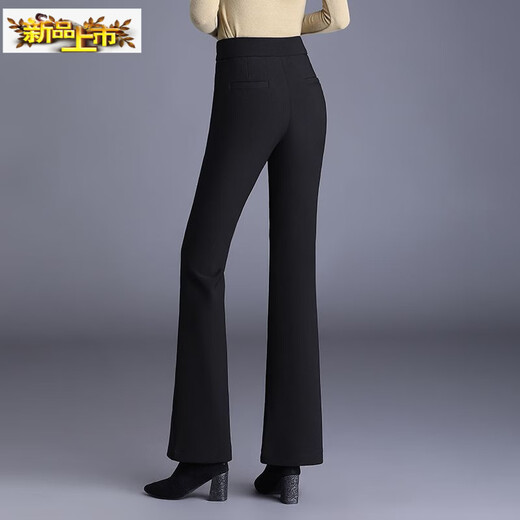 Small diameter velvet trousers for women's winter outer wear, large size casual trousers, high-waisted slim slim trousers, elastic waist and boot-cut trousers, black velvet 82117 L 2 feet 1