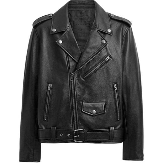 COACH SS24 Solid Color Lapel Zipper Long Sleeve Leather Jacket Men's Black Black S