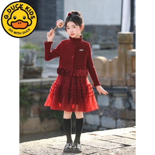 G.duck girls dress New Year's greetings Chinese style red New Year's clothes children's autumn and winter plus velvet new Chinese Hanfu suit red suit vest + dress 100