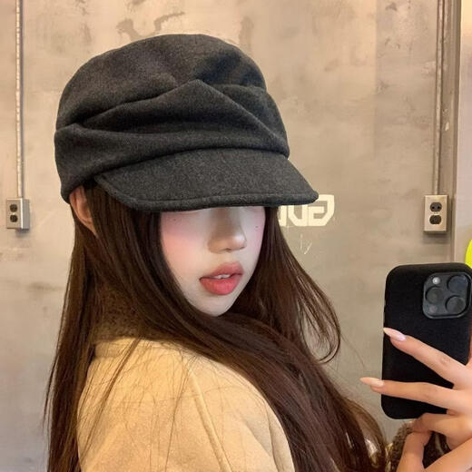 No top, no bottom, Japanese Yamamoto style black pleated beret for women, autumn and winter face-showing small newsboy hat, large head circumference, versatile painter hat, gray, one size fits all, adjustable