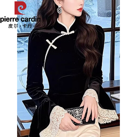 Pierre Cardin New Chinese Style National Style Velvet Shirt Women 2025 New Retro Black Button Bottoming Shirt with Cheongsam Autumn and Winter Clothes Black L 105-115Jin Jin is equal to 0.5 kg